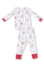 A two-piece children's pajama set featuring a white long-sleeve top and matching pants with an all-over snowman print and red cuffs.