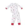 A two-piece children's pajama set featuring a white long-sleeve top and matching pants with an all-over snowman print and red cuffs.