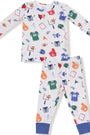 A two-piece children's pajama set featuring a long-sleeve top and matching pants in white with a colorful sports-themed print, including jerseys, footballs, foam fingers, and flags, finished with solid blue cuffs and ankles.