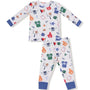 A two-piece children's pajama set featuring a long-sleeve top and matching pants in white with a colorful sports-themed print, including jerseys, footballs, foam fingers, and flags, finished with solid blue cuffs and ankles.