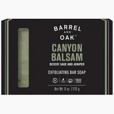 Barrel and Oak Canyon Balsam exfoliating bar soap packaging on a white background