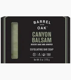 Barrel and Oak Canyon Balsam exfoliating bar soap packaging on a white background