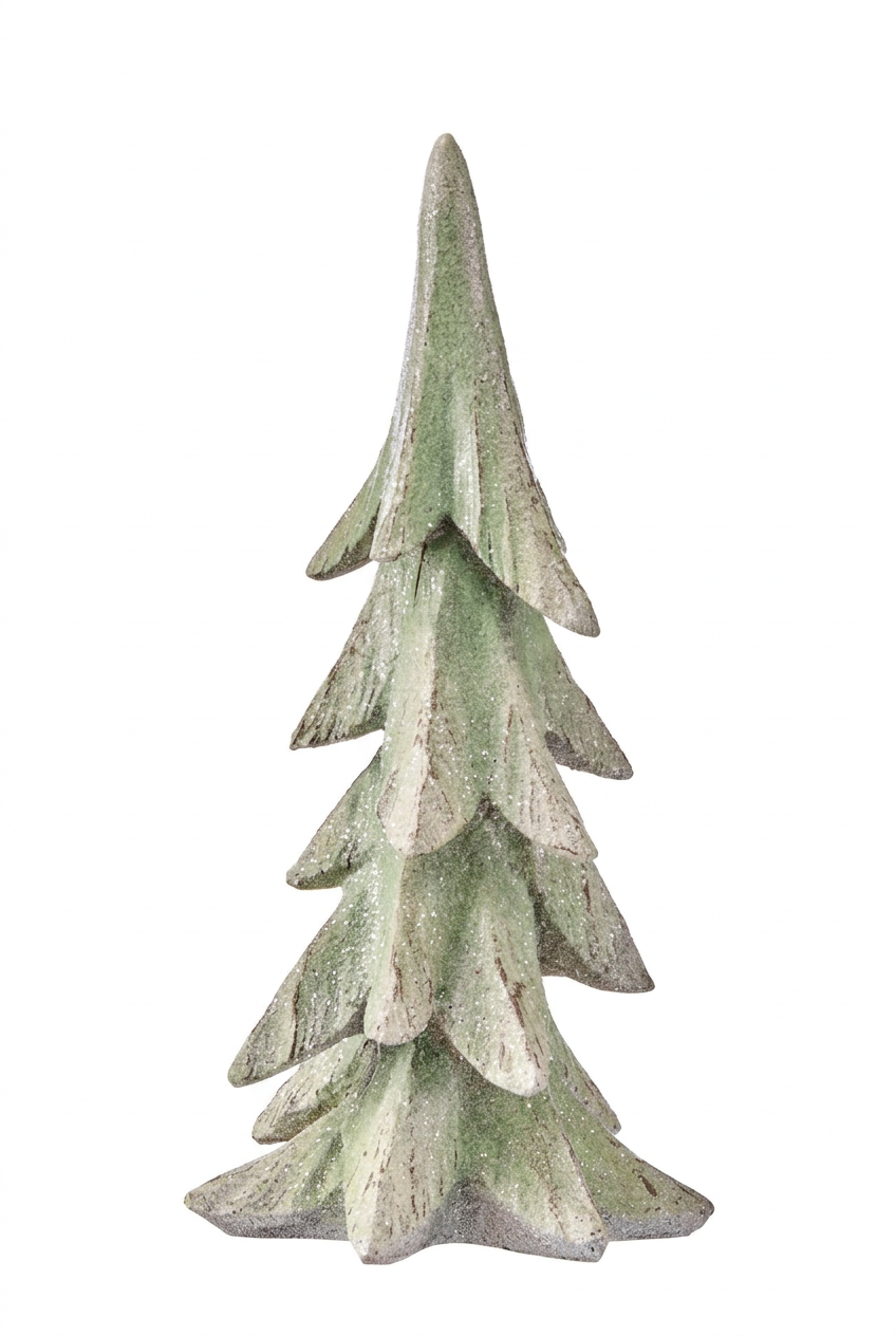 Smaller resin winter tree decoration, green glitter finish, stacked layered branches