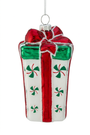 Single gift box ornament hanging with red bow and vertical red ribbon, green accents