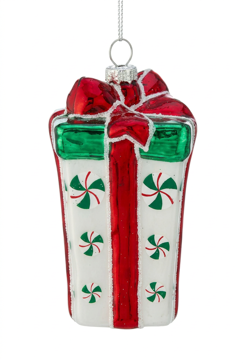 Single gift box ornament hanging with red bow and vertical red ribbon, green accents
