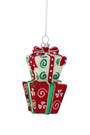 Stacked gift box ornament hanging with red bow, green accents, white patterned sides