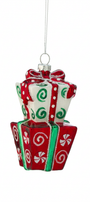 Stacked gift box ornament hanging with red bow, green accents, white patterned sides