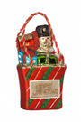 Red holiday gift bag ornament with snowman figure and Merry Christmas label, rope handle