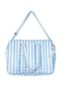 Blue and white striped bag with a handle on a white background