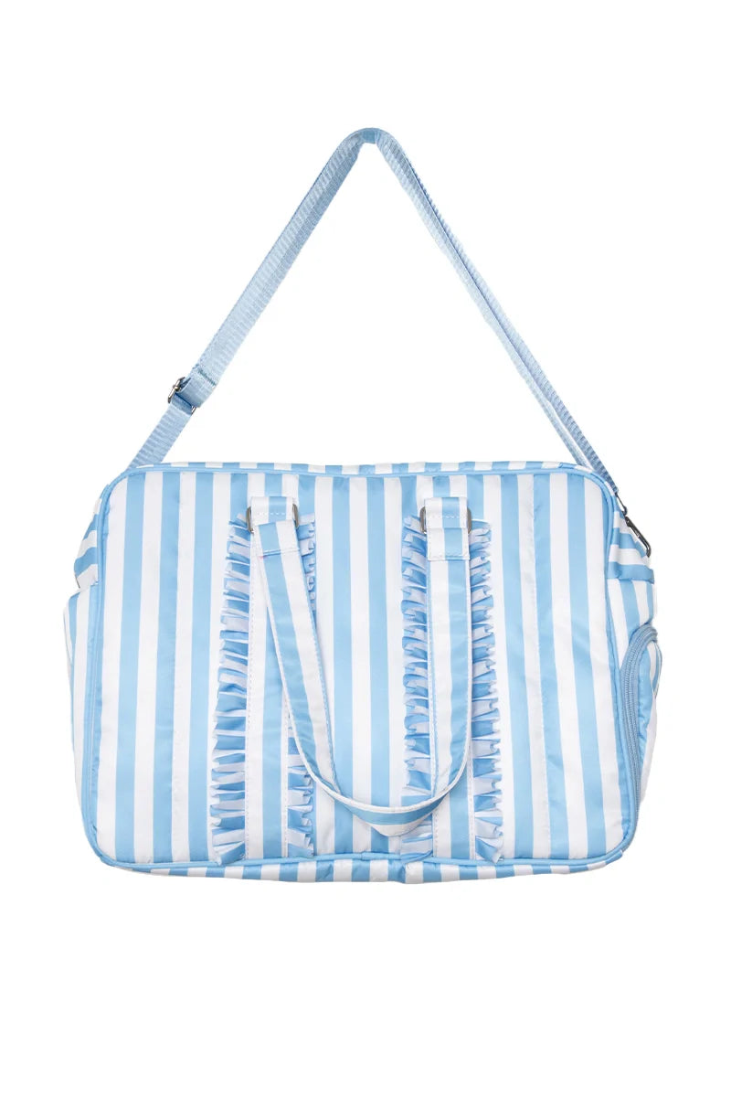 Blue and white striped bag with a handle on a white background
