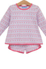A two-piece children's pajama set consisting of a long-sleeve top and matching shorts, featuring a pink and white Nordic fair isle pattern with reindeer motifs, displayed on a wooden hanger against a white background.