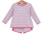 A two-piece children's pajama set consisting of a long-sleeve top and matching shorts, featuring a pink and white Nordic fair isle pattern with reindeer motifs, displayed on a wooden hanger against a white background.