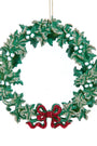 A green holly wreath Christmas ornament with silver glitter accents and a red glitter bow at the bottom, hanging against a plain white background.