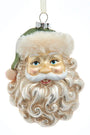 A vintage-style Santa Claus Christmas ornament with a detailed sculpted face, curly white beard, green hat with faux fur trim, and a hanging loop, shown on a plain white background.