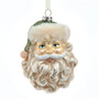A vintage-style Santa Claus Christmas ornament with a detailed sculpted face, curly white beard, green hat with faux fur trim, and a hanging loop, shown on a plain white background.