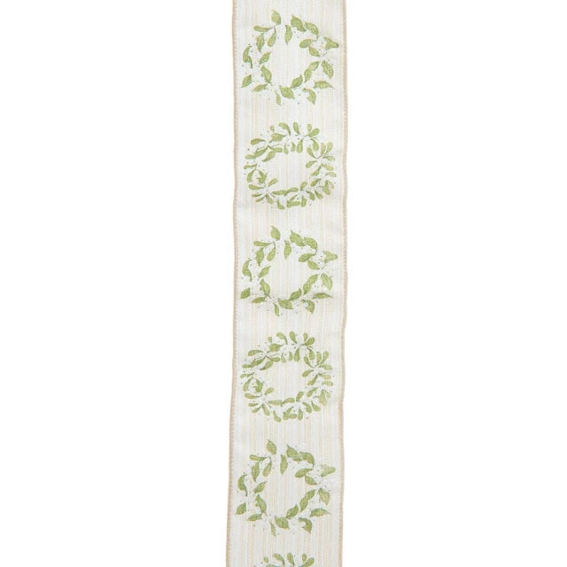 A long, narrow cream-colored woven ribbon or trim featuring a repeating light green leaf wreath pattern, shown vertically against a plain white background.