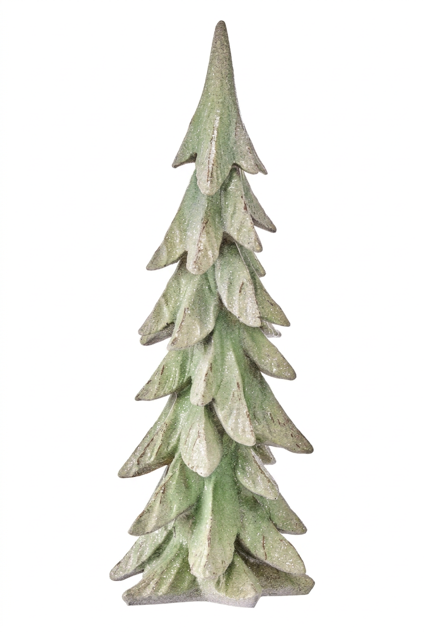Tall resin winter tree decoration, green glitter finish, layered tiered branches