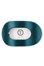 A Teleties wearable heart monitor with a dark teal metallic outer shell and a white central display area featuring the Teleties logo, shown on a solid white background.