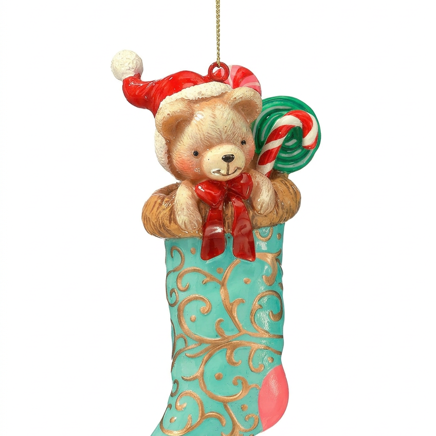 Resin bear stocking ornament in teal with red ribbon and teddy bear face