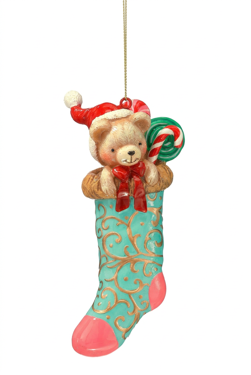 Resin bear stocking ornament in teal with red ribbon and teddy bear face