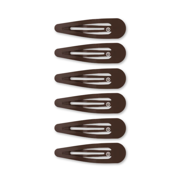 Six dark brown hair claw clips arranged vertically on a clean white background.
