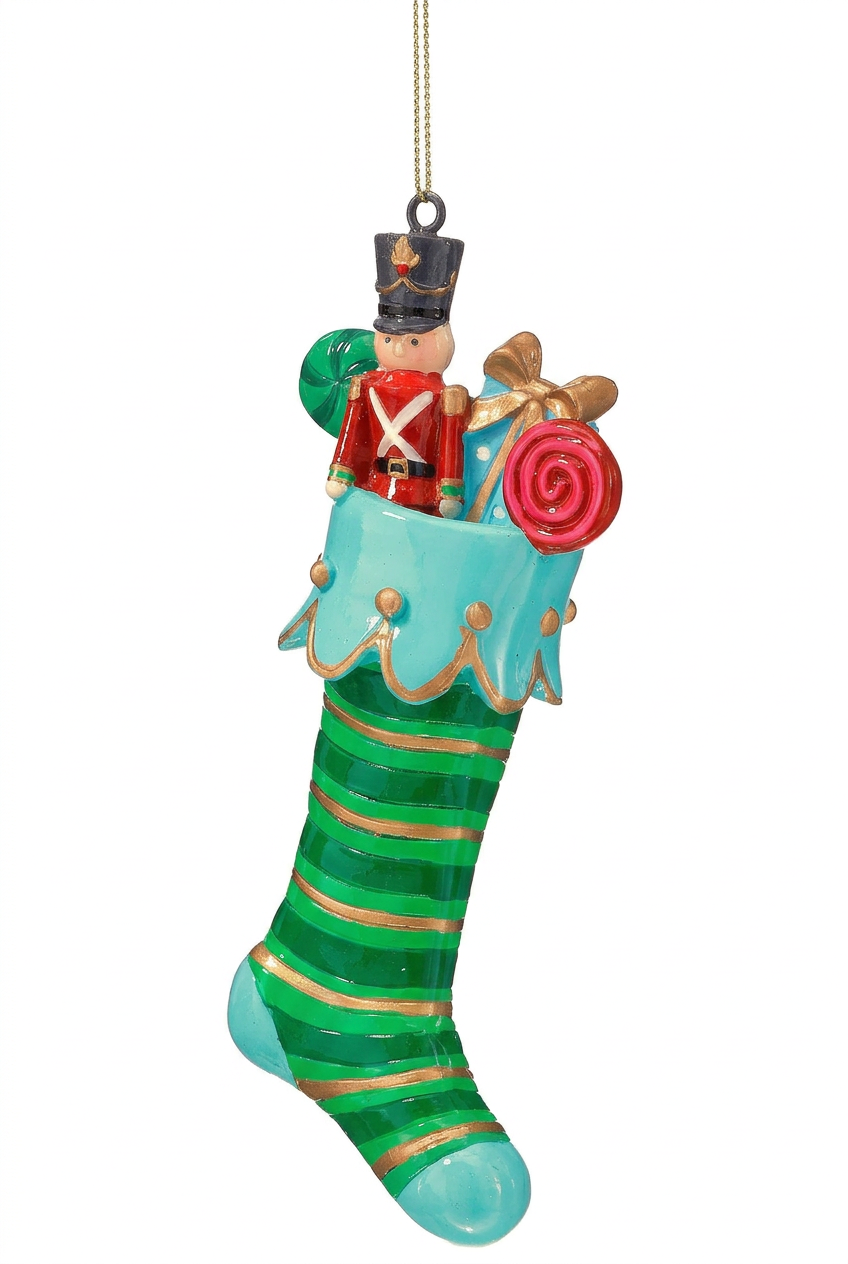Resin nutcracker stocking ornament in teal and green with candy swirl and soldier