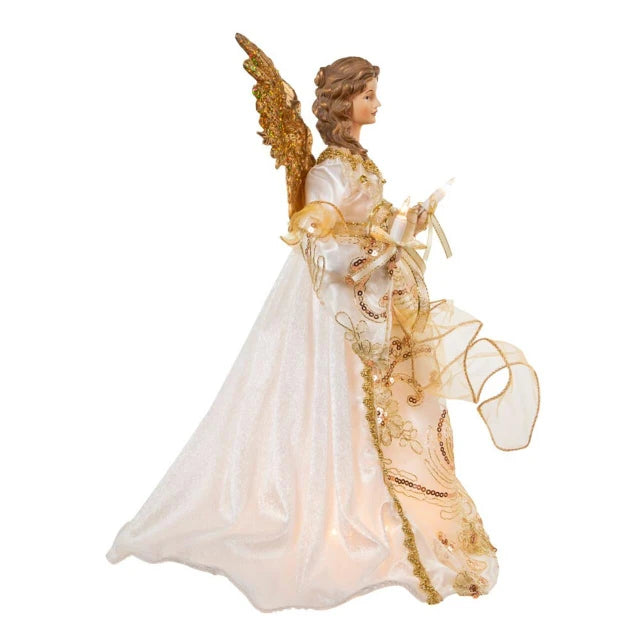 An angel figurine in profile, wearing a flowing white gown with ornate gold embroidery and translucent gold wings, shown against a plain white background.