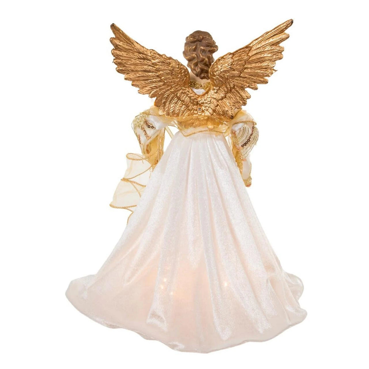 An angel Christmas tree topper featuring a gold winged figure in a flowing white gown, shown against a plain white background.