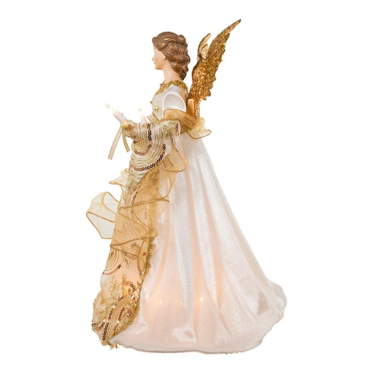 An angel Christmas tree ornament figurine shown from the side profile, featuring a white gown with gold embroidery, sheer gold drapes, and large gold wings, set against a plain white background.