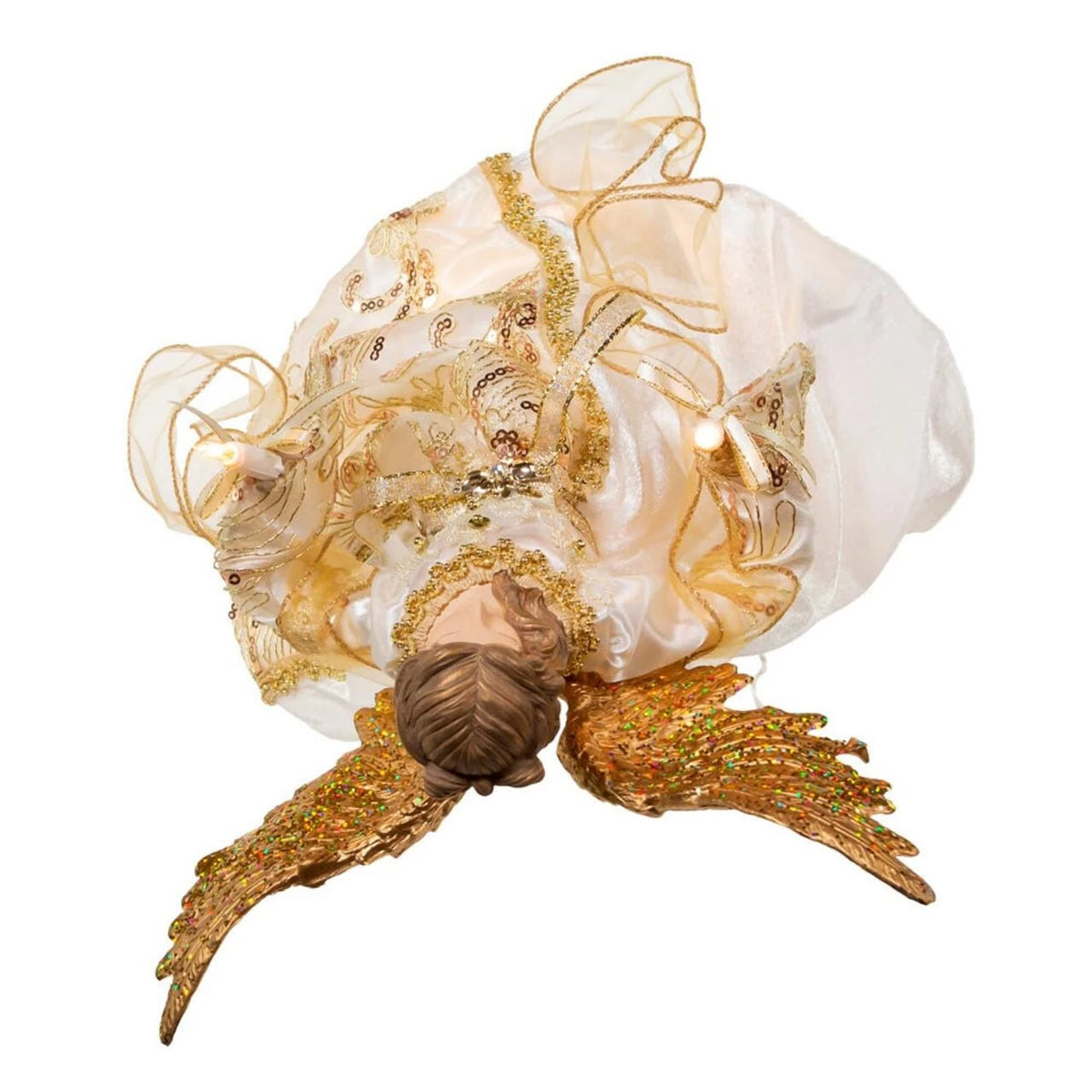 An angel Christmas ornament with a white and gold dress, glittery gold wings, and warm white LED lights, shown on a plain white background.