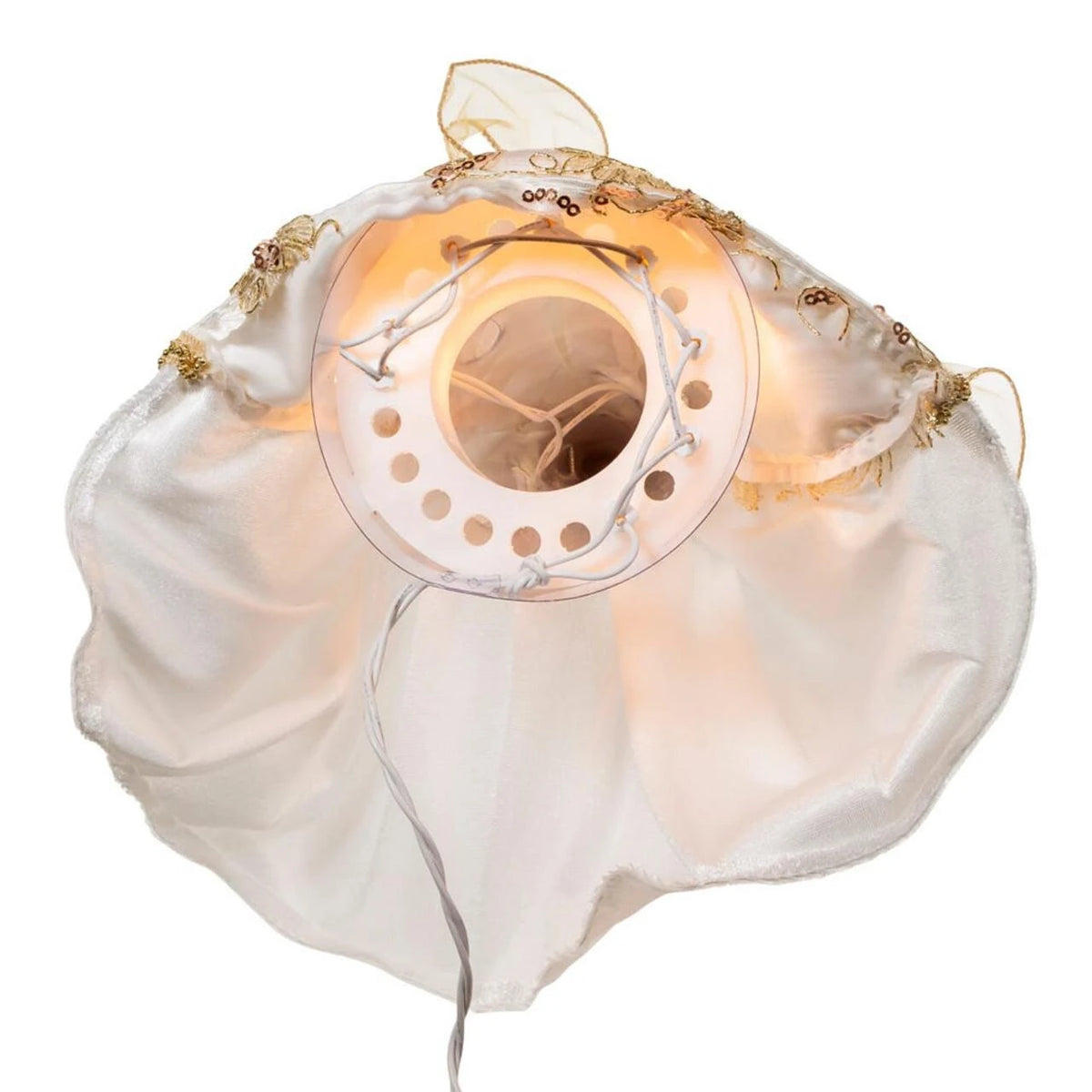A white satin angel halo Christmas ornament with gold embroidered details and a warm white LED light glowing from the center, shown on a white background.