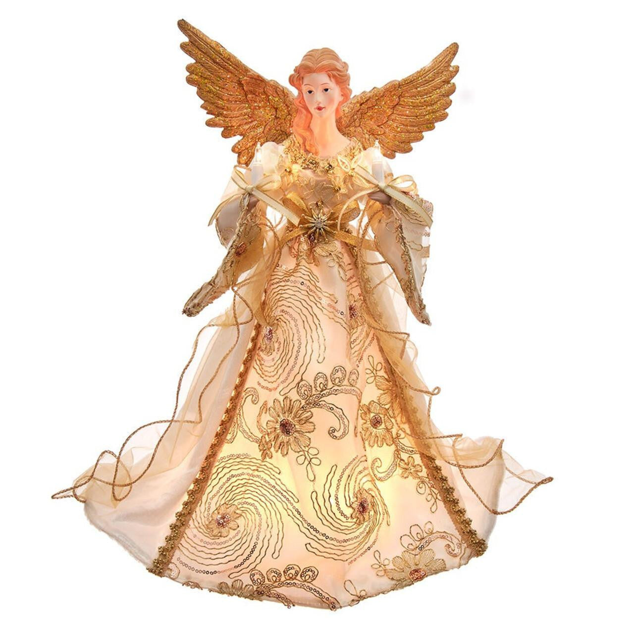 An angel Christmas tree topper with large gold wings, a peach-toned face and hair, and a flowing cream gown decorated with gold floral patterns and sheer gold ribbons, shown on a plain white background.