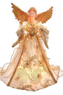 An angel Christmas tree topper with large gold wings, a peach-toned face and hair, and a flowing cream gown decorated with gold floral patterns and sheer gold ribbons, shown on a plain white background.