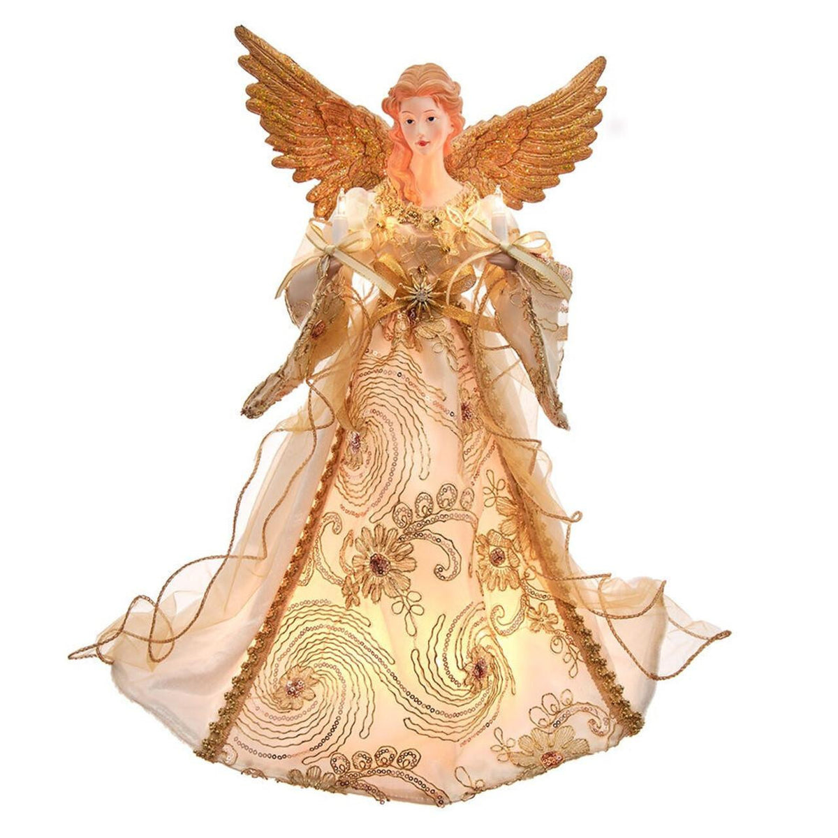 An angel Christmas tree topper with large gold wings, a peach-toned face and hair, and a flowing cream gown decorated with gold floral patterns and sheer gold ribbons, shown on a plain white background.