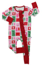 A baby footed sleeper with long sleeves and attached legs, featuring a festive red, pink, and green patchwork pattern with a ruffled front zipper closure.
