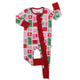 A baby footed sleeper with long sleeves and attached legs, featuring a festive red, pink, and green patchwork pattern with a ruffled front zipper closure.