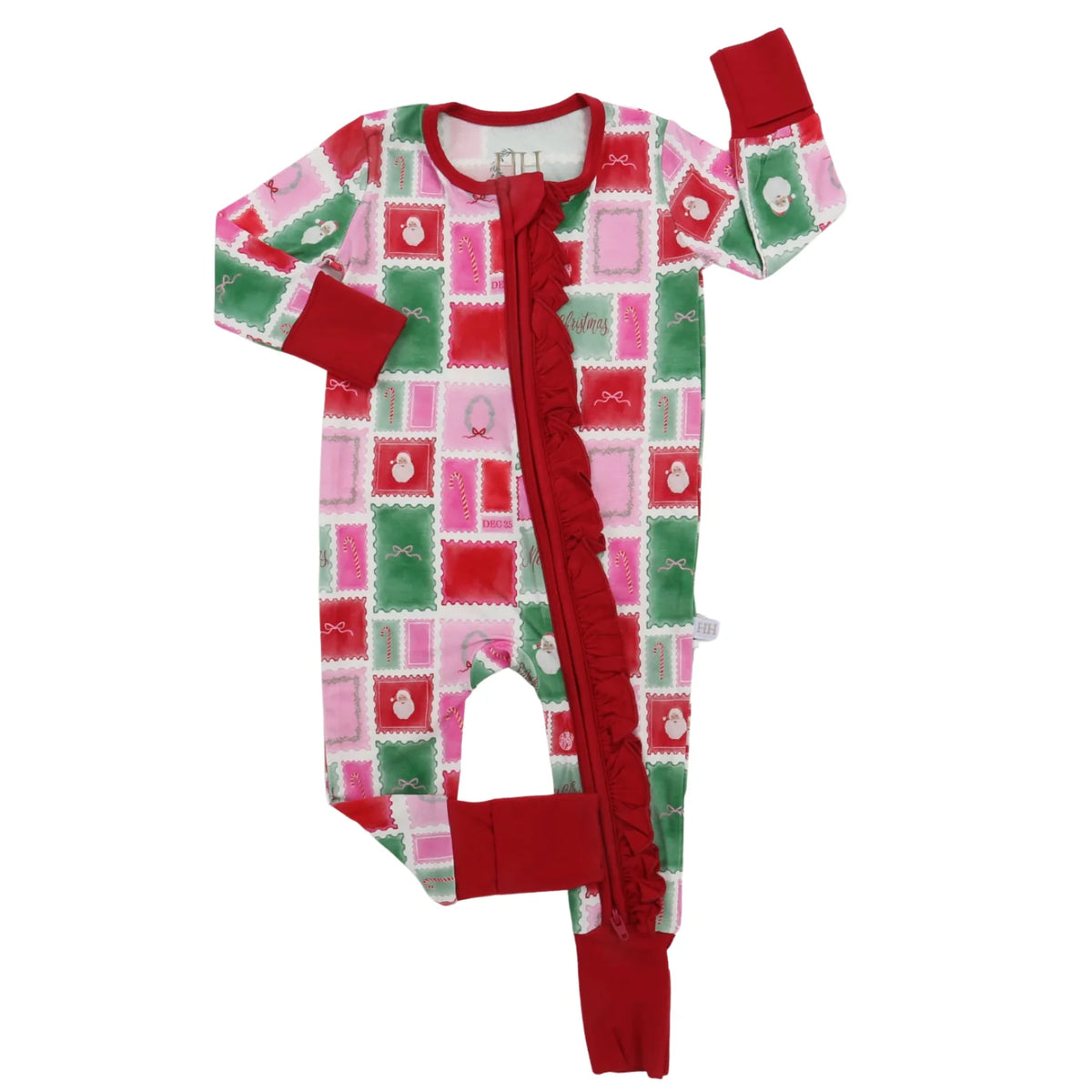 A baby footed sleeper with long sleeves and attached legs, featuring a festive red, pink, and green patchwork pattern with a ruffled front zipper closure.