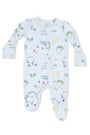 Baby onesie with vehicle pattern on a white background