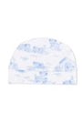 Baby hat with blue animal pattern on a white background