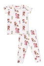Children's pajama set with animal print on a white background