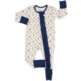 Baby onesie with patterned design and navy accents on a white background