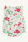 Floral-patterned fabric with red cherries on a white background