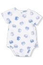 White baby onesie with blue crab pattern on a white background
