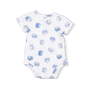 White baby onesie with blue crab pattern on a white background