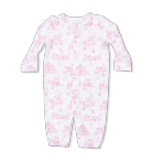 Baby onesie with pink floral pattern on a white background