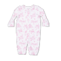 Baby onesie with pink floral pattern on a white background
