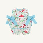 Floral baby romper with blue bows on a white background