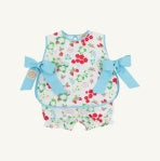 Floral baby romper with blue bows on a white background