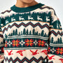 Patterned sweater with deer, trees, and geometric designs on a white background