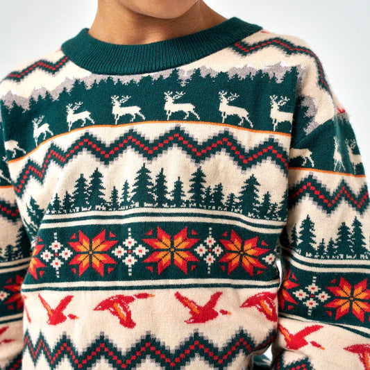 Patterned sweater with deer, trees, and geometric designs on a white background